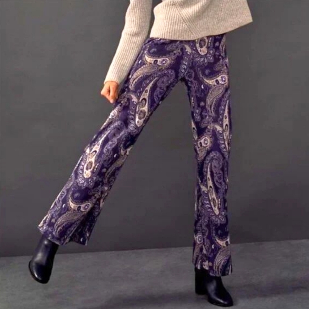 Anthropologie‎ Maeve Blue Paisley Metallic Flare Pants Sz 4